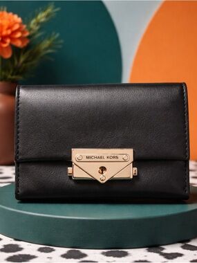 Michael Kors Black Leather Wallet with Gold Lock